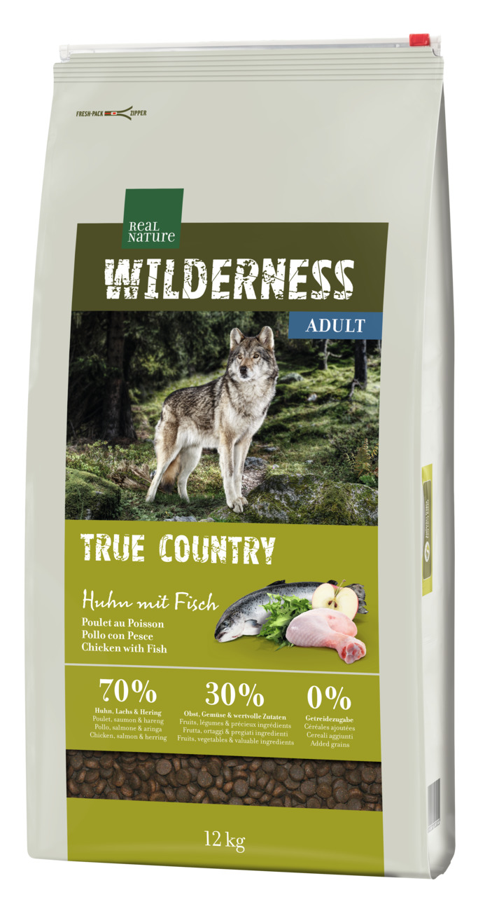 REAL NATURE WILDERNESS TRUE COUNTRY Hundefutter, 12 kg, für erw. Hunde, Huhn & Fisch, 70 % Fleisch, 0 % Getreide, naturnahe Rezeptur.