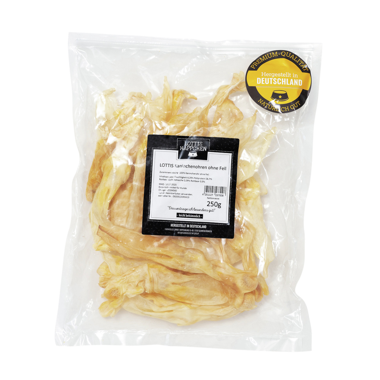 LOTTIS Häppchen Kaninchenohren o. Fell, 250 g, natürl. Kausnack f. Hunde, fettarm, leicht bekömmlich, Hergest. in Deutschland.