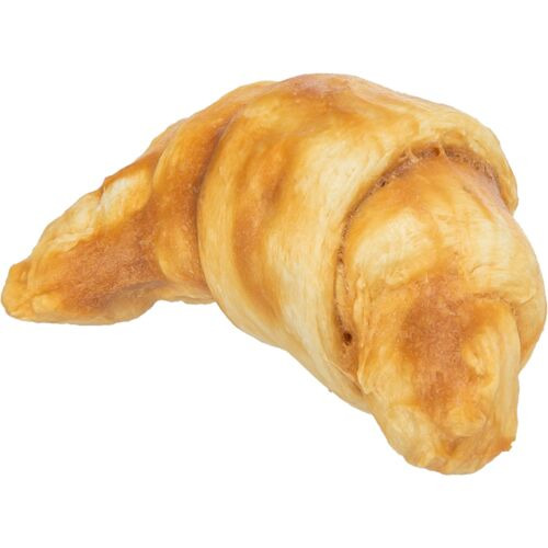 Das Bild zeigt einen Hundesnack der Marke TRIXIE, speziell den Kauknochen "Chewing Roll". Zielgruppe sind Hunde aller Rassen. Der Snack besteht aus getrockneter Rinderhaut in Croissant-Form und dient der Zahnpflege sowie der Beschäftigung. Die Menge ist a