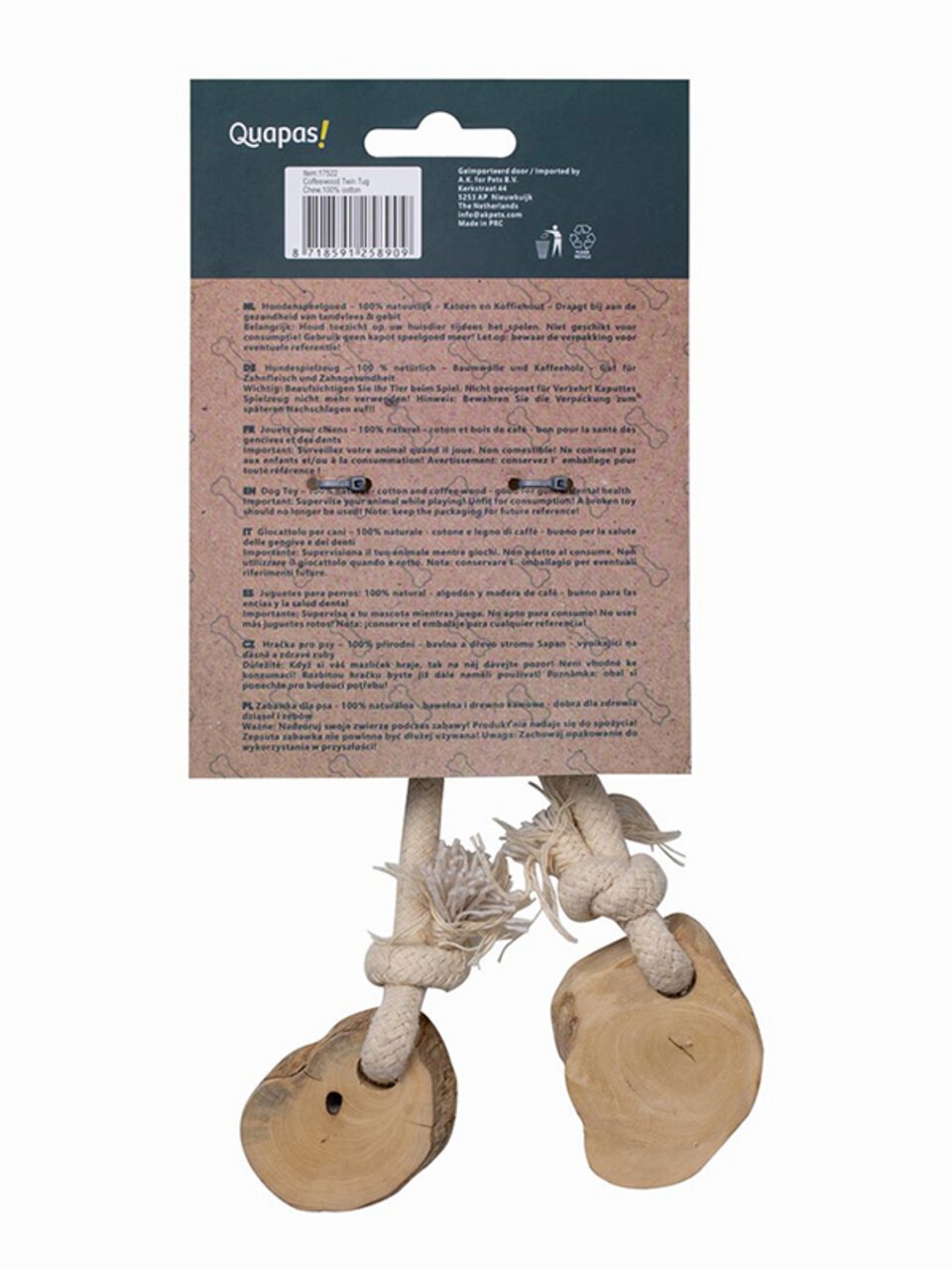 Quapas! Coffee Wood Tug: Hundespielzeug aus Kaffeebaumholz u. Baumwolle, für alle Hunde, Zahnpflege, 2 Holzstücke mit Seilknoten.