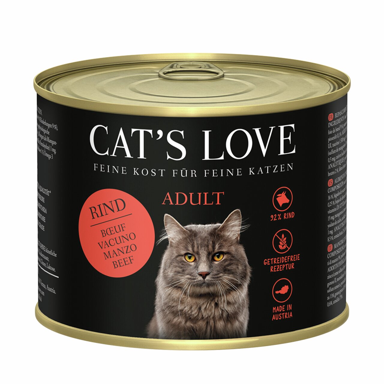 Cat's Love Adult Katzenfutter Rind, für ausgewachsene Katzen, 200 g, 92 % Rind, getreidefrei, hergestellt in Österreich.