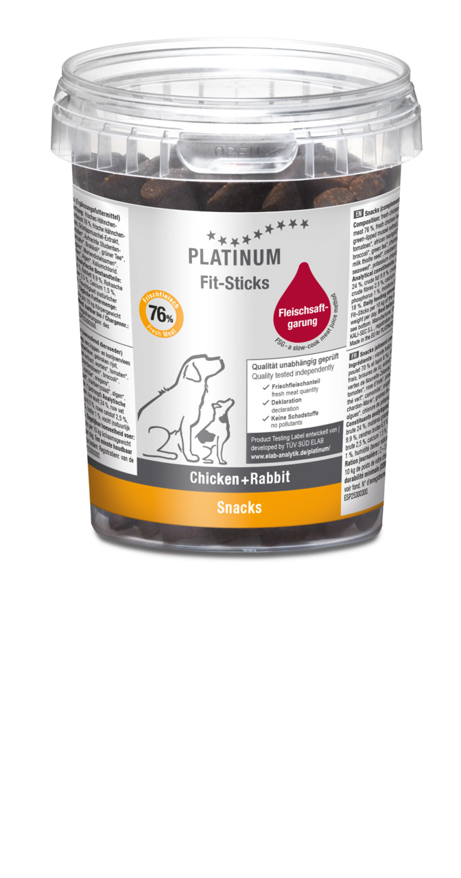 PLATINUM Fit-Sticks für Hunde, Huhn & Kaninchen, 300 g, 76 % Fleisch, Fleischsaftgarung, für alle Größen & Altersgruppen, wiederverschließbar.
