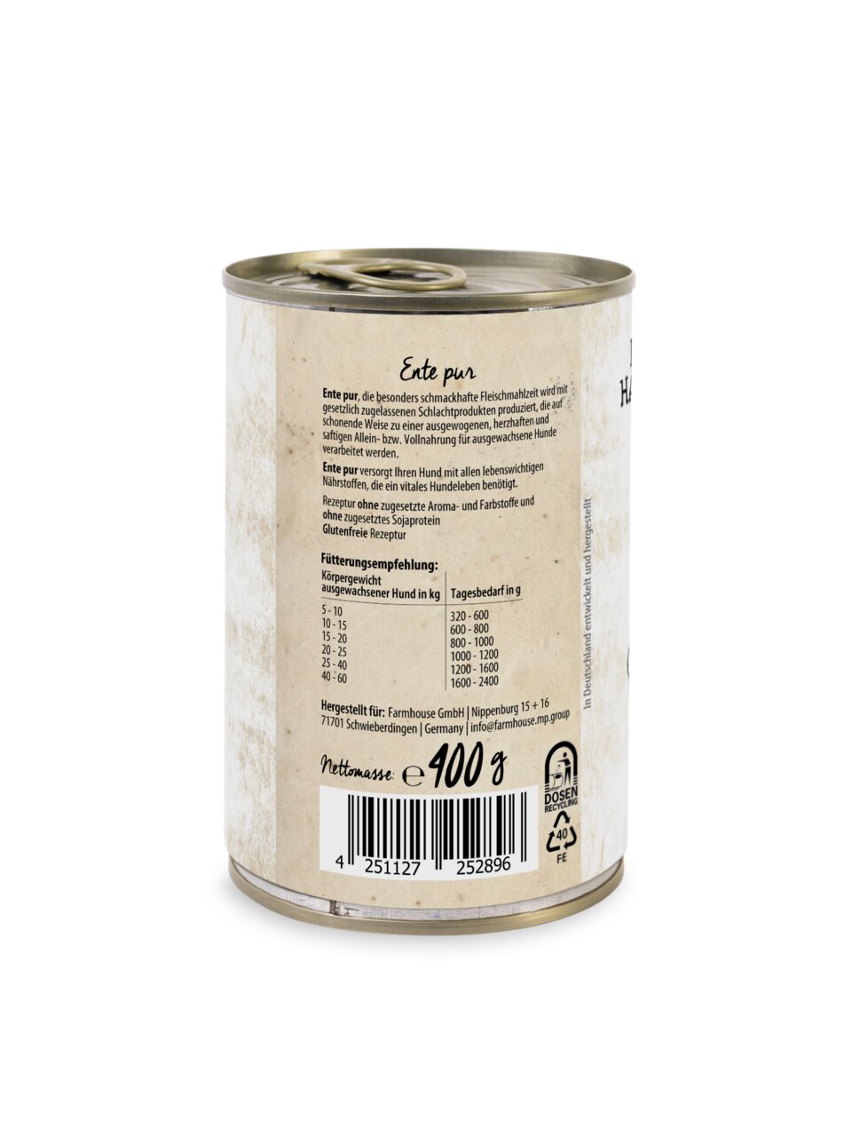 Eine 400 g Dose Hundefutter der Marke Lottis Häppchen mit der Geschmacksrichtung Ente pur. Geeignet für ausgewachsene Hunde, bietet es eine vollwertige Mahlzeit ohne zugesetzte Aromen, Farbstoffe oder Sojaprotein. Die Verpackung zeigt Fütterungsempfehlung