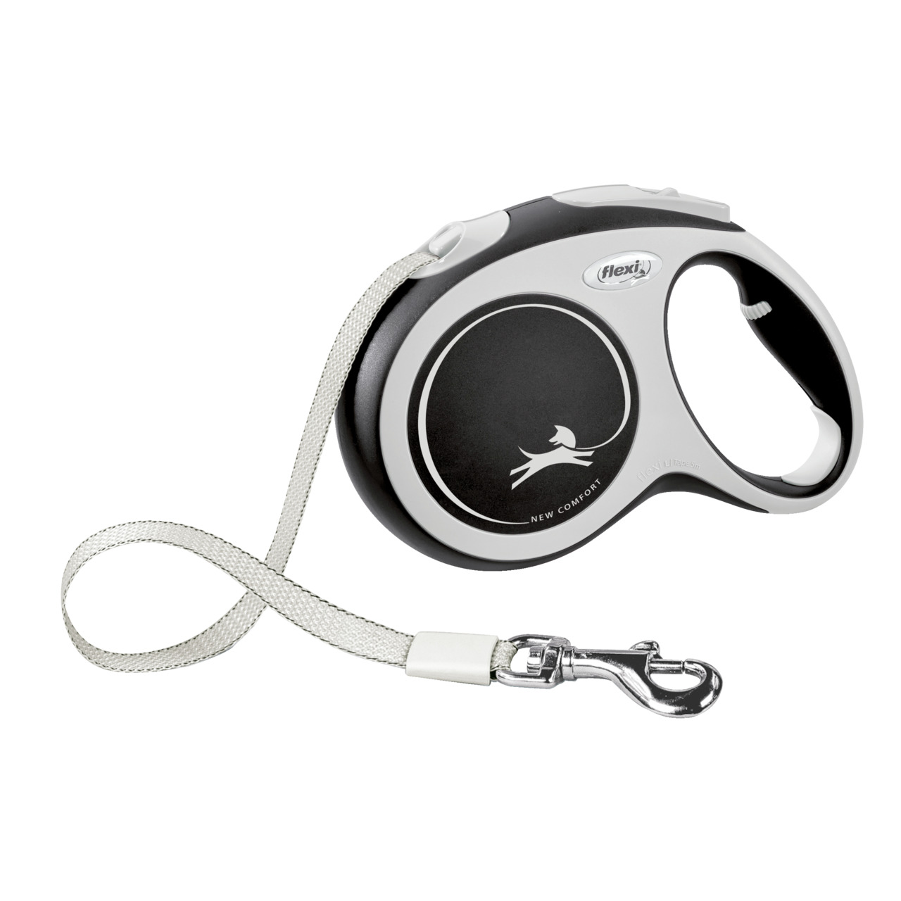 Flexi New Comfort Rollleine, Schwarz/Grau, für Hunde, ergonom. Griff, robuste ausziehb. Schnur, verchromter Karabiner, sicher/flexibel.