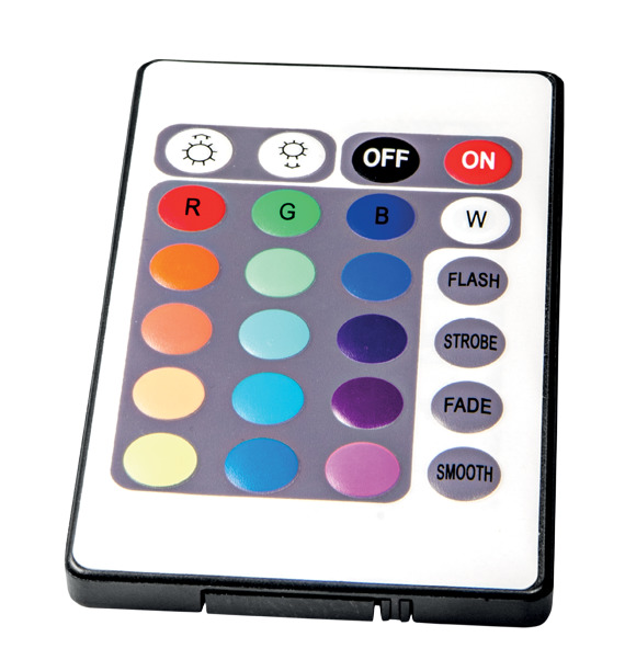 Fernbedienung für LED-Beleuchtung mit 24 Tasten in verschiedenen Farben und Funktionen. Enthält Tasten für Rot, Grün, Blau, Weiß sowie Farbwechselmodi wie Flash, Strobe, Fade und Smooth. Oben befinden sich Ein-/Ausschalter und Helligkeitsregler. Kompatibe