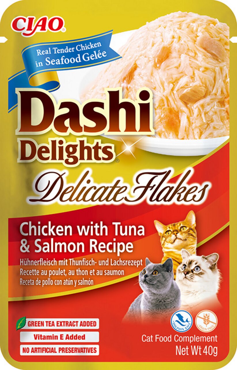 Ciao Dashi Delights Delicate Flakes für Katzen, Huhn mit Thunfisch--Lachsrezept, 40 g, mit Grüntee-Extrakt und Vitamin E hinzugefügt.