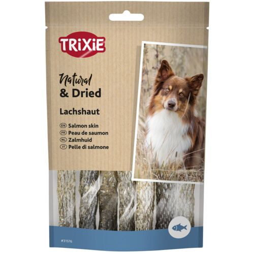 TRIXIE Natural & Dried Lachshaut, Snack f. Hunde, natürl. Leckerli, getr. Lachshaut, 100 g, ideal f. Hundehalter.