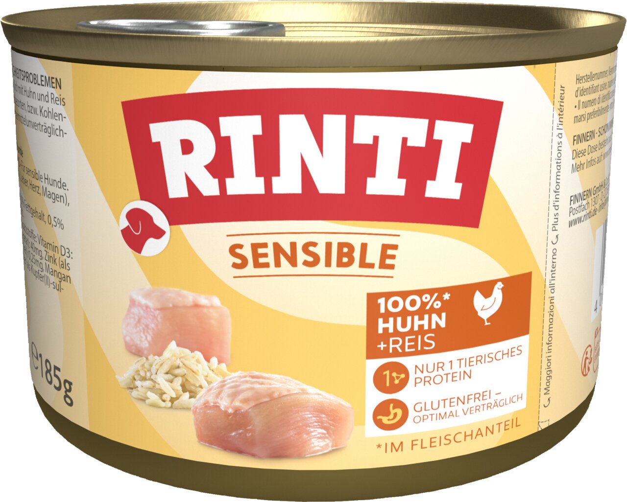 RINTI Sensible Hundefutter, 100% Huhn mit Reis, glutenfrei, für sensible Hunde, 185 g Dose, gut verträglich mit nur 1 Protein.
