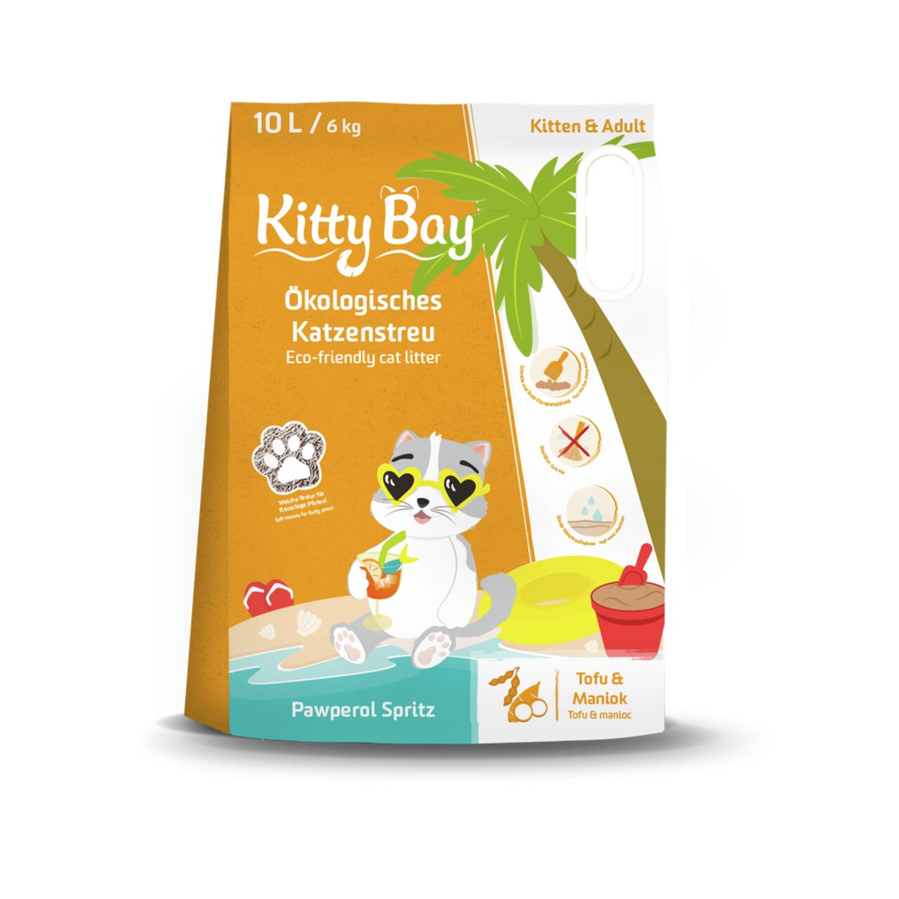 Kitty Bay ökologisches Katzenstreu für Kitten und Erwachsene, Duft Pawperol Spritz, 10L (6kg), aus Tofu und Maniok.
