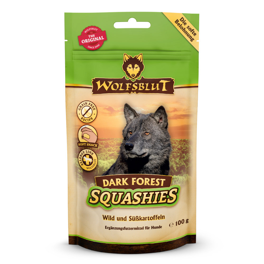 WOLFSBLUT Dark Forest Squashies, Soft Snack, getreidefrei, für Hunde, Wild & Süßkartoffeln, 100 g.