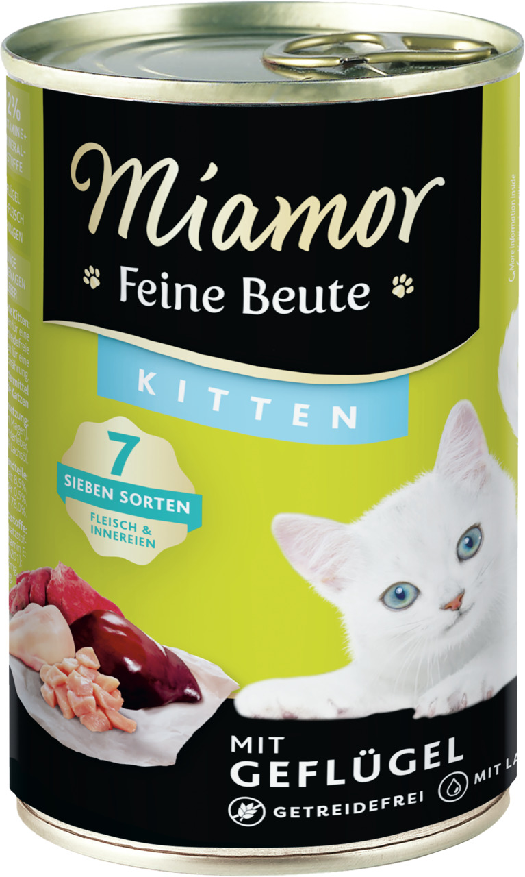 Miamor Feine Beute Kitten Geflügel, 7 Sorten Fleisch & Innereien, getreidefrei, mit Lachsöl.