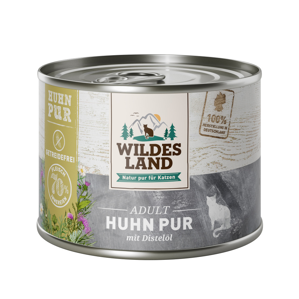 Wildes Land – Huhn Pur, Katzenfutter für ausgewachsene Katzen, Huhn mit Distelöl, getreidefrei, 70 % Fleisch, 200 g, aus Deutschland.