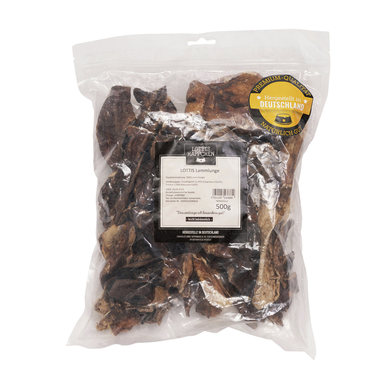 LOTTIS HÄPPCHEN Lamm-Lunge, natürl. Kausnack f. Hunde, 100 % Lamm, 500 g, Premium-Qualität, Hergest. in Deutschland.