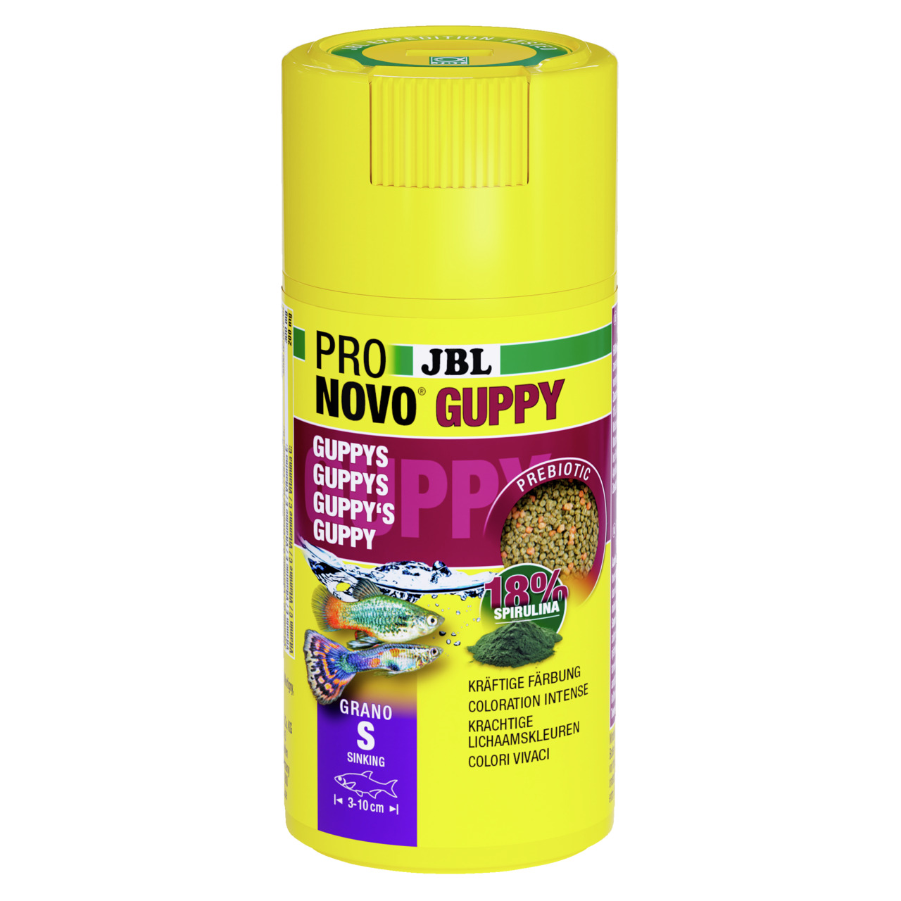 JBL Pro Novo Guppy, Fischfutter für Guppys, 18 % Spirulina, präbiotisch, sinkendes Granulat S, Fische 3–10 cm.