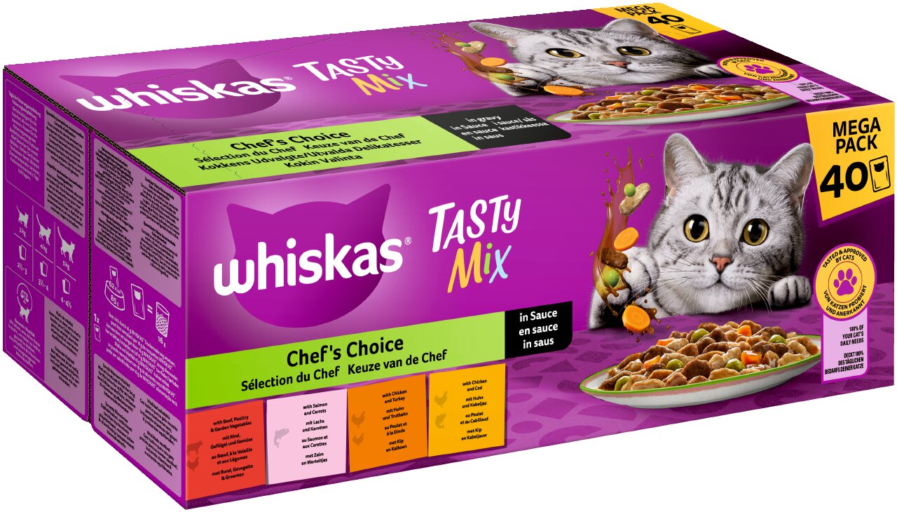 Whiskas Tasty Mix Chef's Choice Mega Pack, 40 Beutel, Katzenfutter, Geflügel-Lachs-Rind in Sauce, lila Verpackung mit Katze.