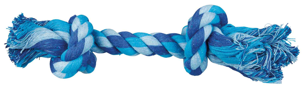 TRIXIE Hundespielzeug, Baumwollseil m. 2 Knoten, für alle Hunde, Zahnpflege, Zerr-/Apportierspiele, blau-weiß, Länge: ca. 26 cm.