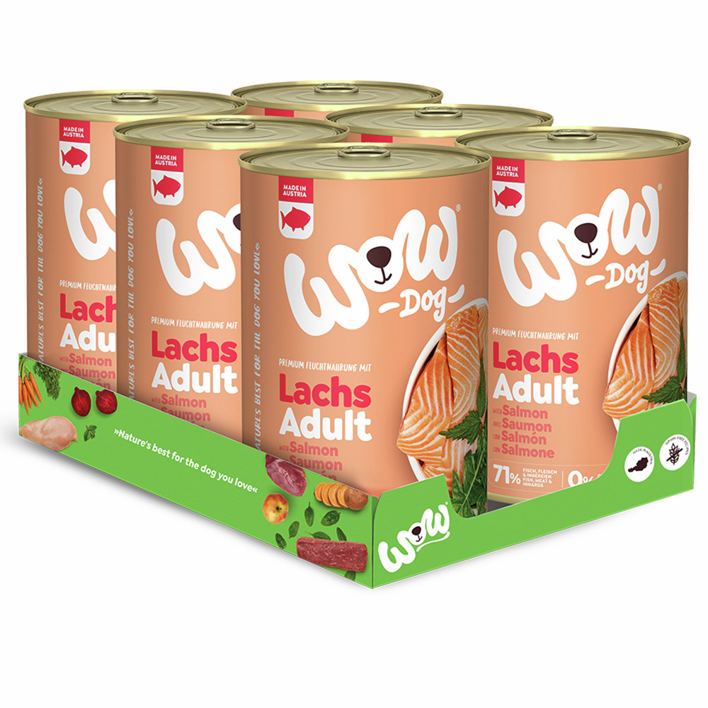 WOW DOG Premium-Nassfutter, Lachs Adult, für ausgewachsene Hunde, 71 % Fisch, ohne Getreide, 6 x 400 g, hergestellt in Österreich.
