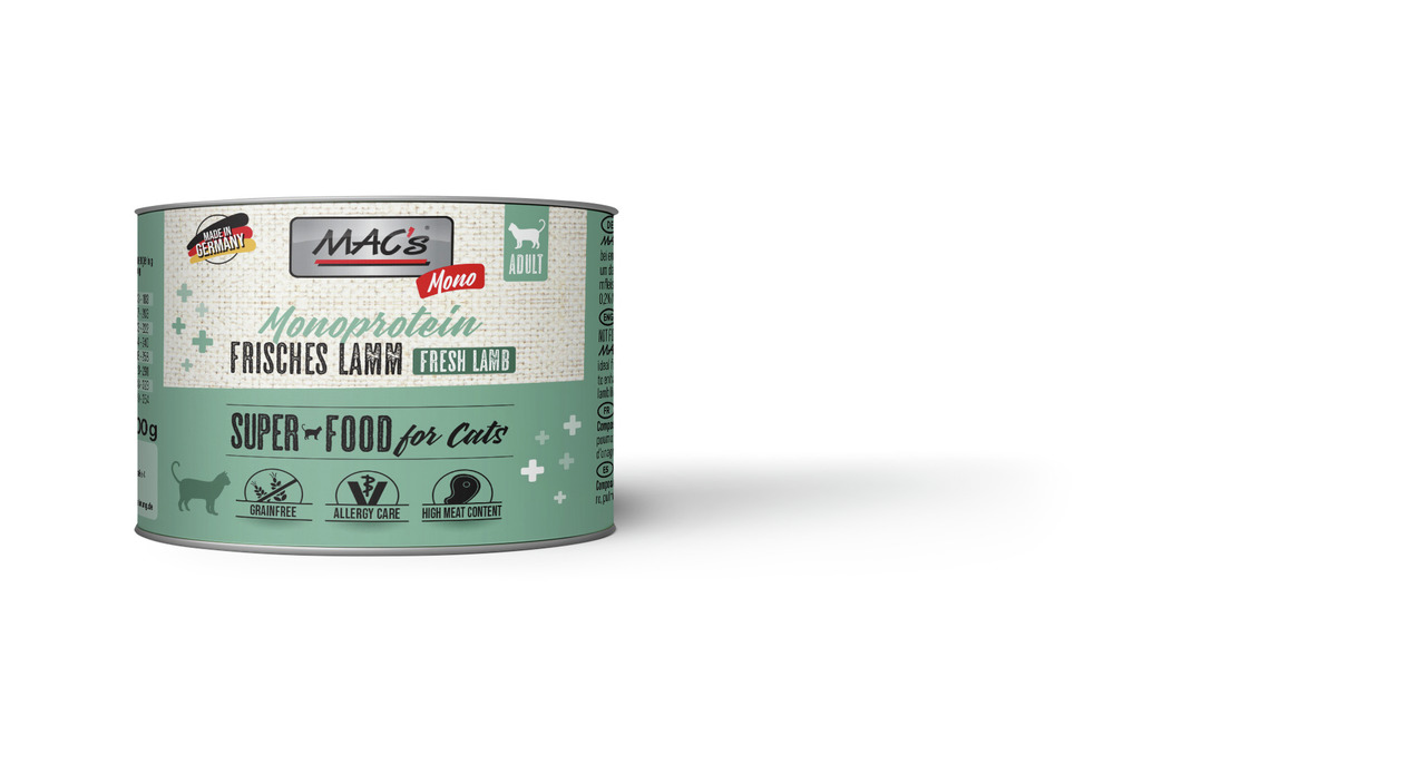 MAC's Katzenfutter Frisches Lamm, Monoprotein, für ausgewachsene Katzen, 200 g, getreidefrei, allergikerfreundlich, hoher Fleischanteil.