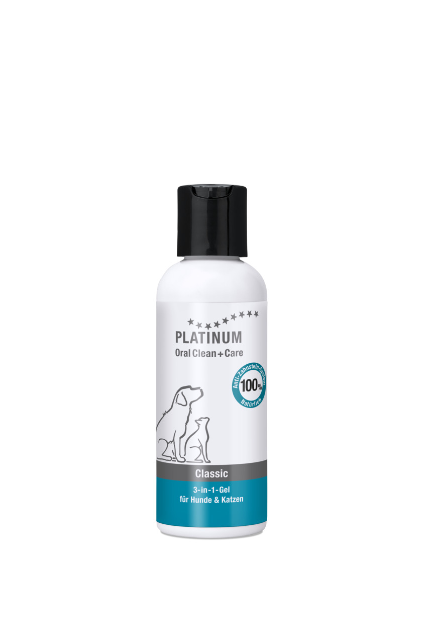 Das Bild zeigt eine weiße Flasche des Produkts „PLATINUM Oral Clean+Care Classic“, ein 3-in-1-Gel zur Zahnpflege für Hunde und Katzen. Die Flasche hat einen schwarzen Verschluss und ein minimalistisches Design mit einer Illustration von Hund und Katze. Da