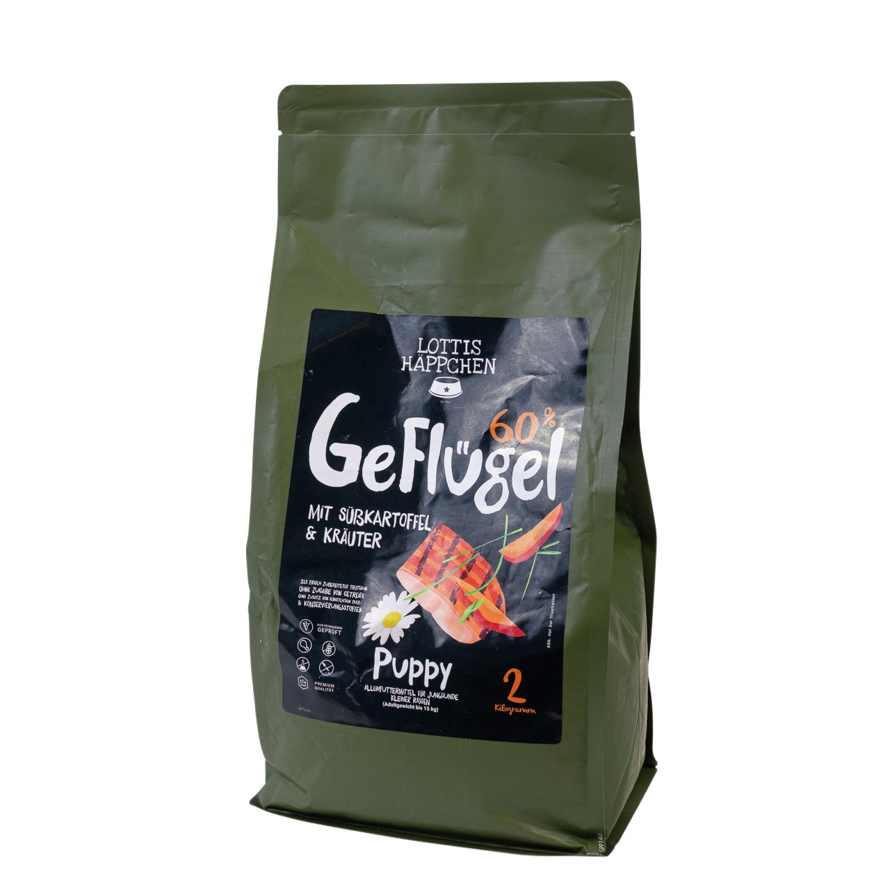 Lottis Häppchen Geflügel 60% für Welpen (Puppy), 2 kg: Hochwertiges Geflügel, natürliche Zutaten, mit Süßkartoffel & Kräutern.