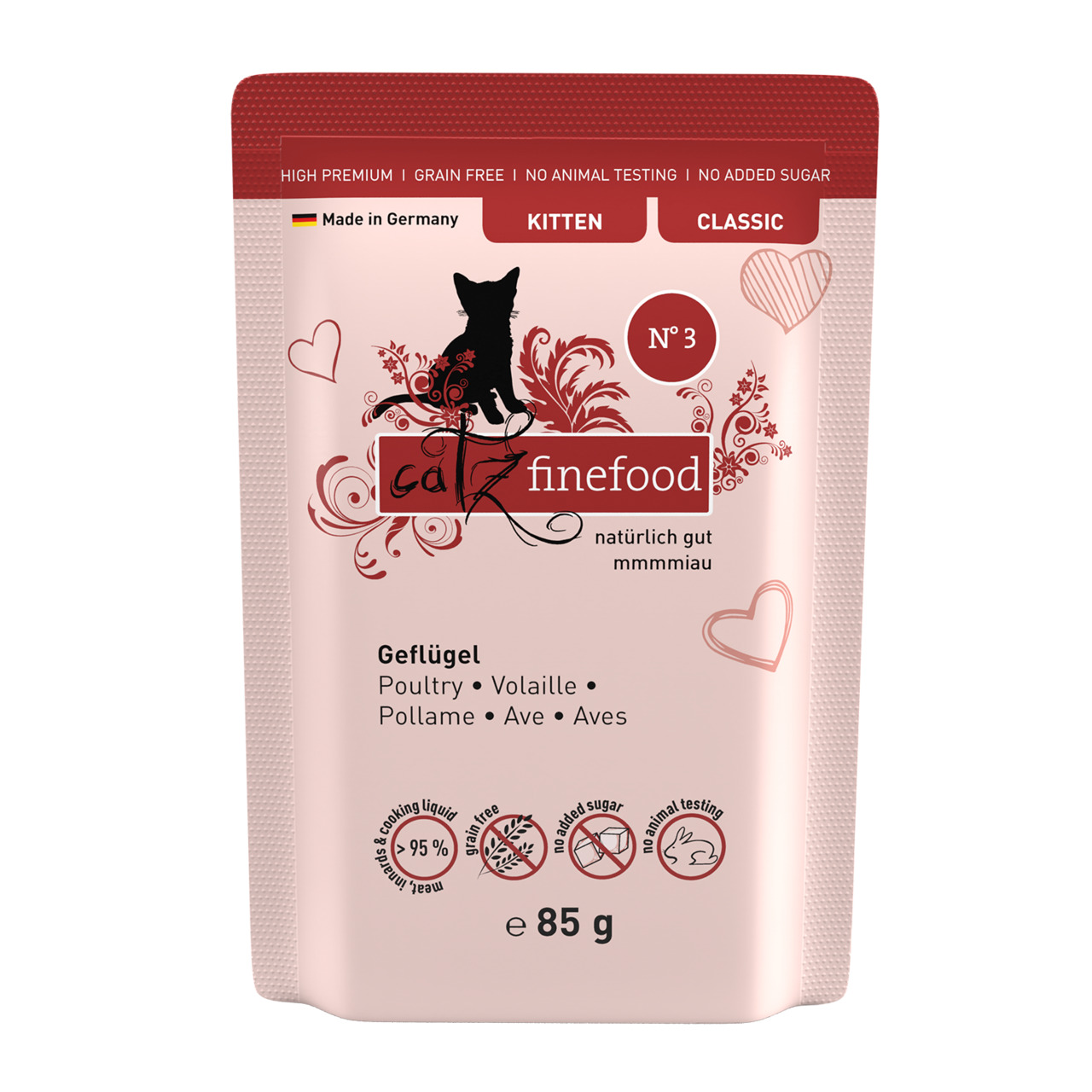 Catz finefood No. 3 Kitten Geflügel, 85 g, High Premium, getreidefrei, kein Zuckerzusatz, keine Tierversuche, hergestellt in DE.