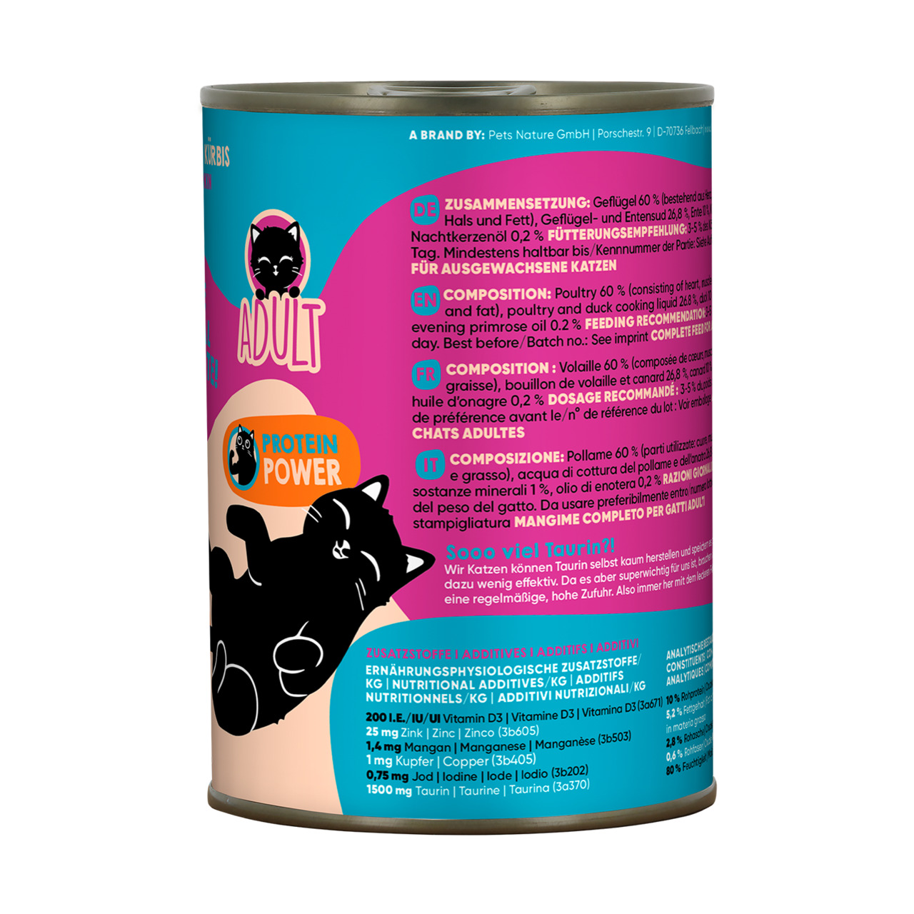 Das Bild zeigt eine Dose Katzenfutter der Marke Lucky Lou mit der Geschmacksrichtung Geflügel. Es handelt sich um ein Produkt für ausgewachsene Katzen (Adult). Die Verpackung hebt den hohen Proteingehalt („Protein Power“) hervor und enthält 200 g. Die Zus