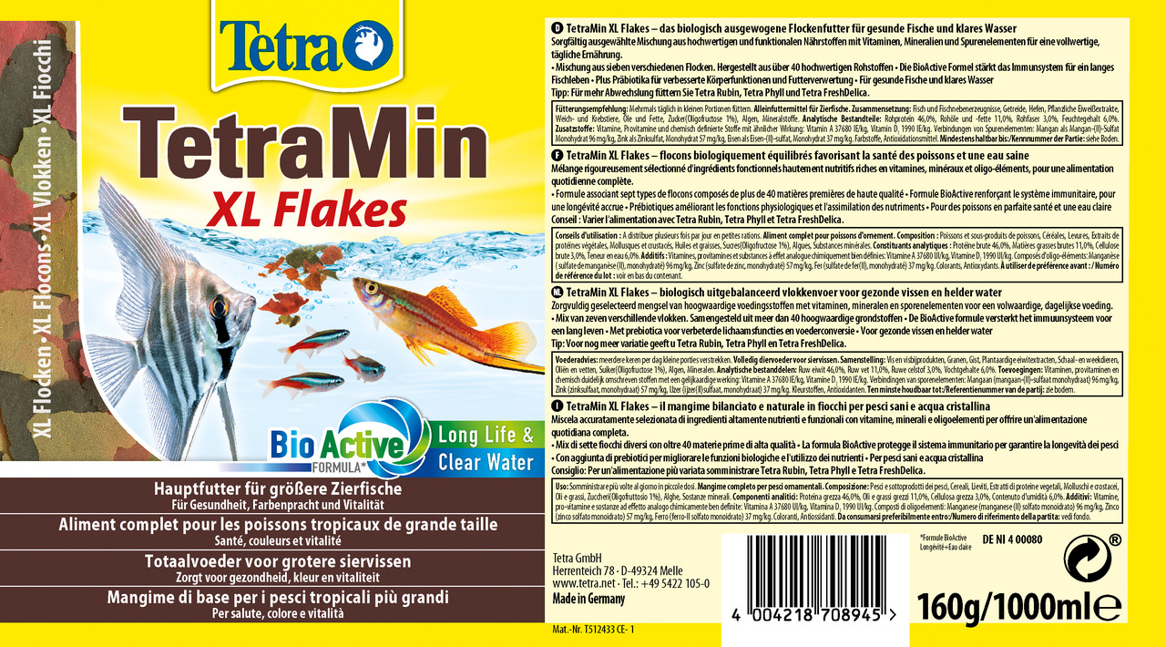 Tetra TetraMin XL Flakes, Hauptfutter für größere Zierfische, fördert Gesundheit, Farben, Vitalität, 160 g (1000 ml), BioActive-Formel.