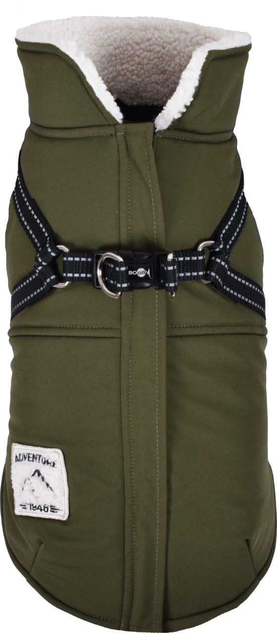 Grüne Hundejacke Bobby "Adventure" für kl.-mittelgr. Hunde, weiches Fleece-Innenfutter, robuster Stoff, reflekt. Geschirrverschluss.