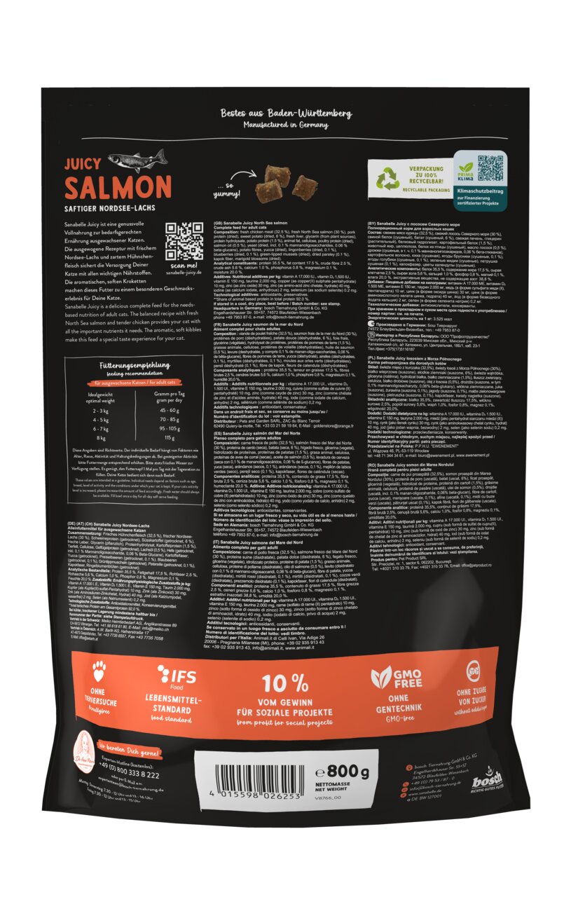 Sanabelle Juicy Nordsee-Lachs: Katzenfutter für ausgew. Katzen, Lachs, 800 g, ohne Gentechnik-Zucker-Tierversuche, 10 % für soziale Projekte.