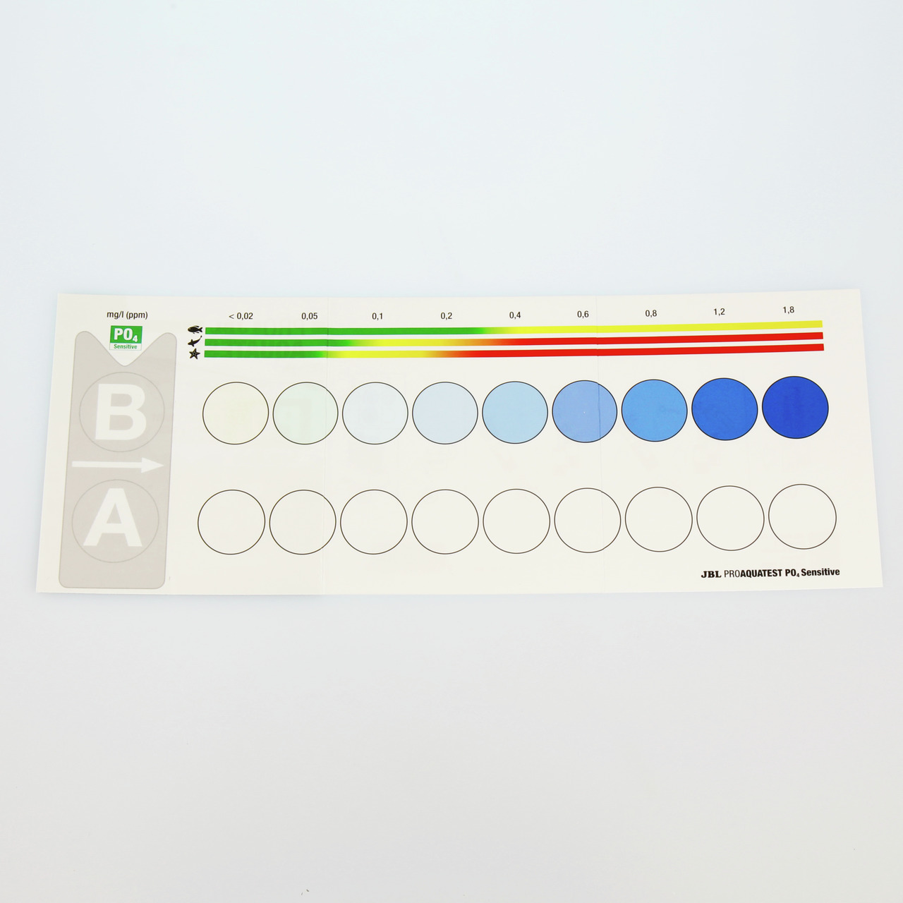 Das Bild zeigt die JBL PROAQUATEST PO4 Sensitive Farbskala, ein Testkit zur Messung des Phosphatgehalts (PO4) in Aquarienwasser. Die Zielgruppe sind Aquarienbesitzer, die Wasserqualität überwachen möchten. Die Skala reicht von 