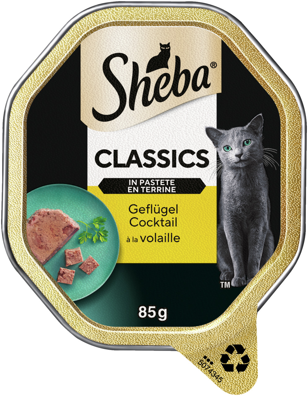 Sheba Classics in Pastete, Geflügel Cocktail à la volaille, 85 g, für Katzen, mit elegantem Katzendruck & Teller mit Pastete.