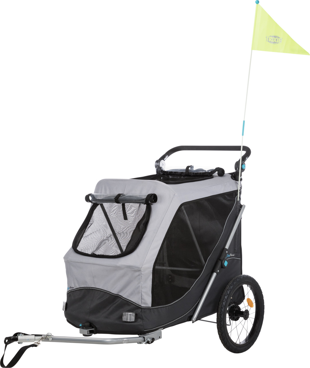 TRIXIE Hundeanhänger, Fahrradanhänger für Hunde, grau-schwarz, mit Netzfenstern, Sicherheitsfahne, robusten Rädern, für sicheren Transport.