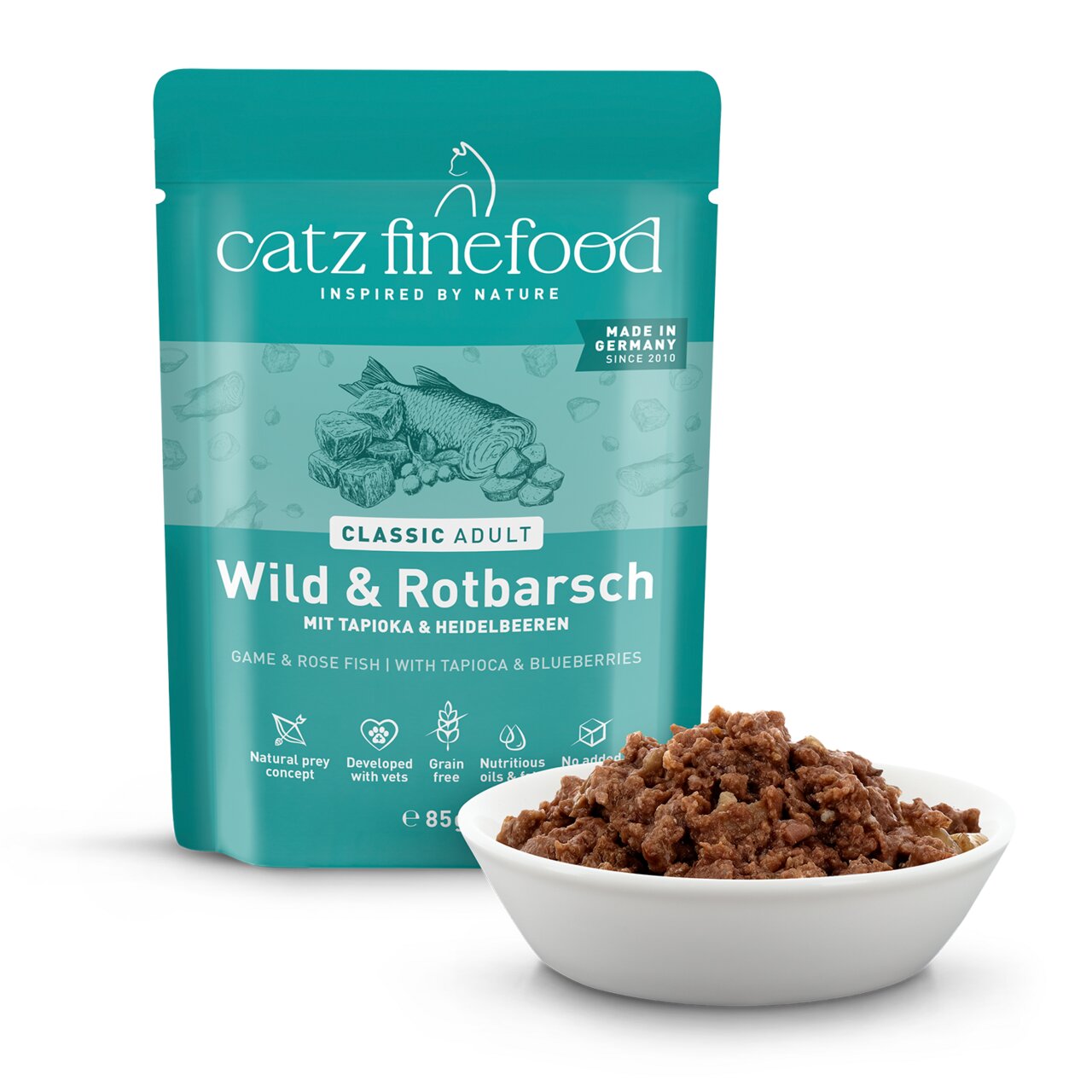 Catz finefood Classic Adult. Katzenfutter für ausgewachsene Katzen, Wild & Rotbarsch, mit Tapioka und Heidelbeeren, 85 g.