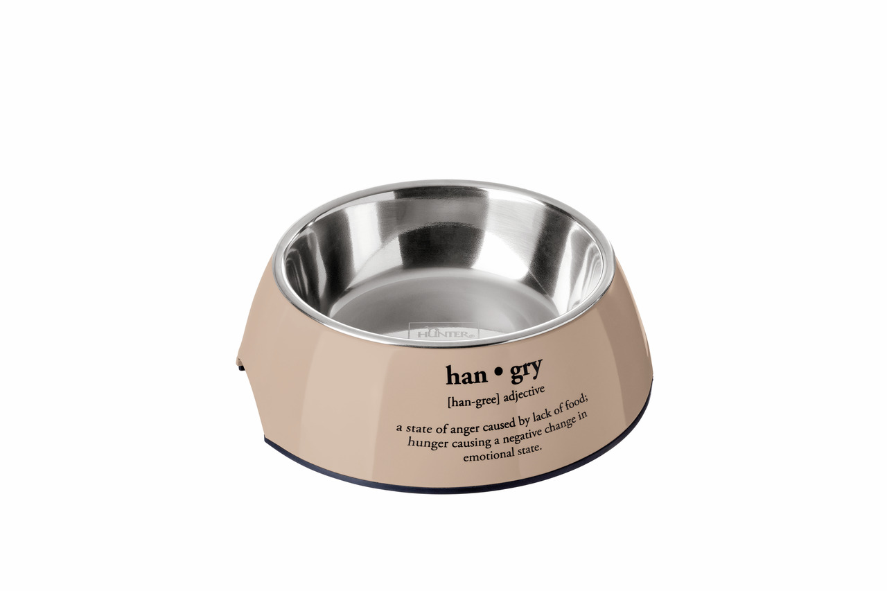 HUNTER Futternapf für Hunde, Edelstahl, beige mit „han·gry“-Aufschrift, robust, leicht zu reinigen.