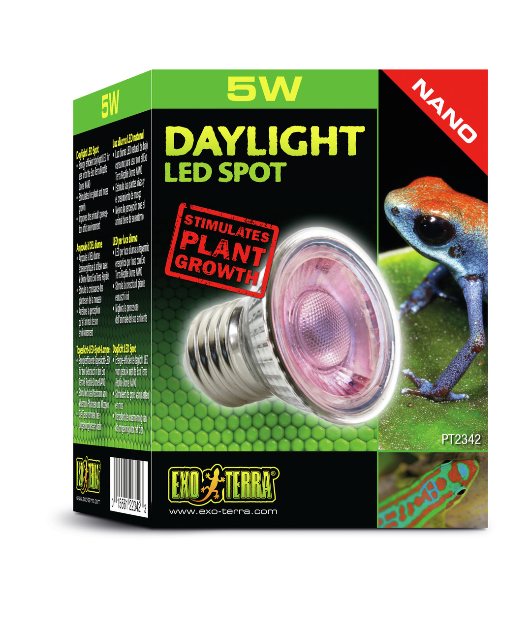 Das Bild zeigt die Verpackung der Exo Terra Daylight LED Spot Nano Lampe mit 5 Watt. Diese energiesparende LED-Lampe ist speziell für Terrarien konzipiert und fördert das Pflanzenwachstum. Die Zielgruppe sind Reptilien- und Amphibienhalter. Die Verpackung