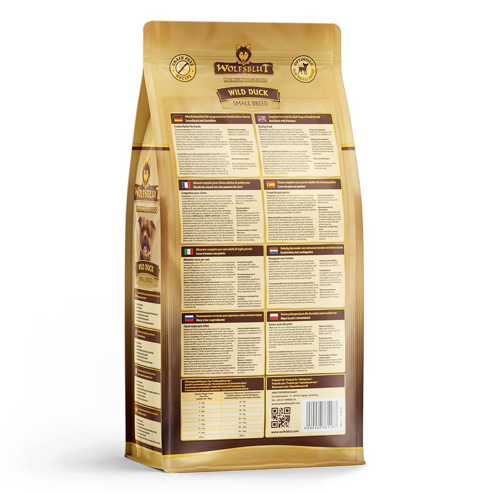 Wolfsblut Wild Duck Small Breed, getreidefreies Premium-Trockenfutter für kleine Hunde, Ente, 2 kg.