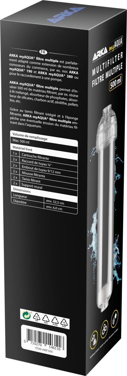 ARKA myAQUA Multi Filter 500 ml für Aquarien, Mehrfachfilter für Fische, schwarze Verpackung mit Produktabbildung.