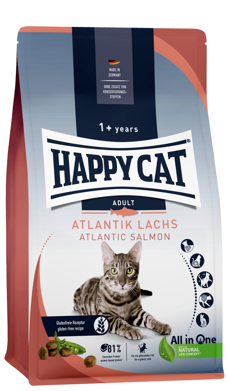 HAPPY CAT Adult Atlantik Lachs, für Katzen ab 1 J., glutenfrei, 81 % tier. Protein, Made in Germany, ohne Konservierungsstoffe.