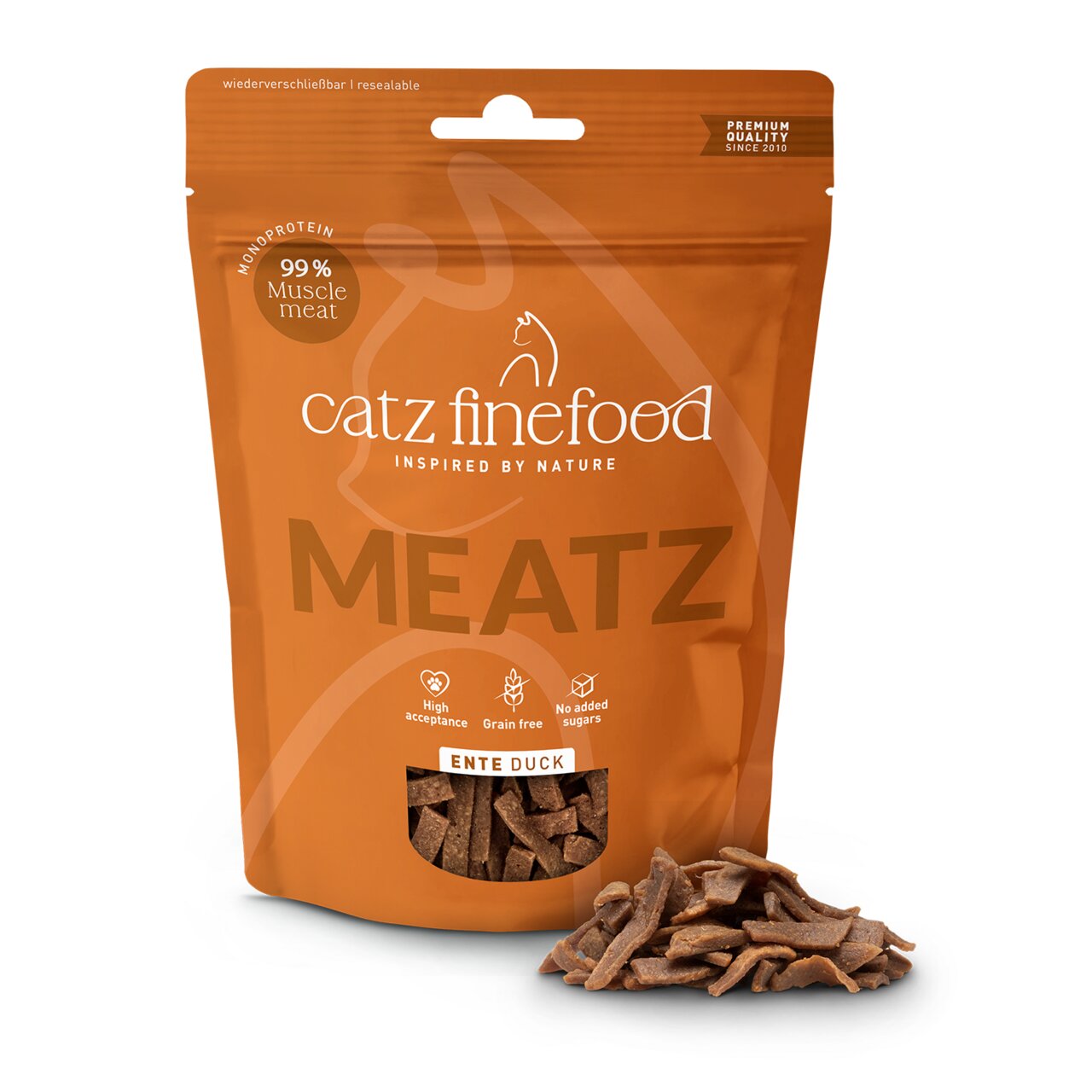 Wiederverschließbare Packung Catz finefood Meatz Ente, Katzensnack, 45 g, getreidefrei, 99 % Muskelfleisch, ohne Zuckerzusatz.