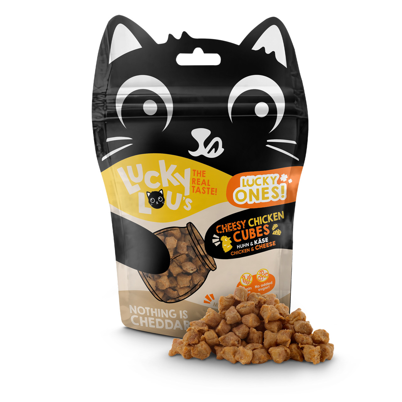 Lucky Lou's Cheesy Chicken Cubes, Katzen, Huhn & Käse, "The Real Taste!", "Nothing is Cheddar", 125 g.