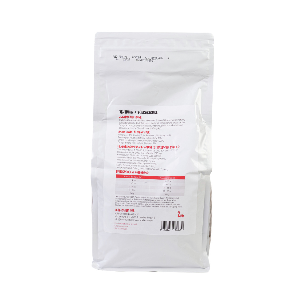 Mincas „Mincas Häppchen“ Trockenfutter für Katzen, Truthahn & Süßkartoffel, 2 kg, mit Nährwertangaben & Fütterungsempfehlungen.