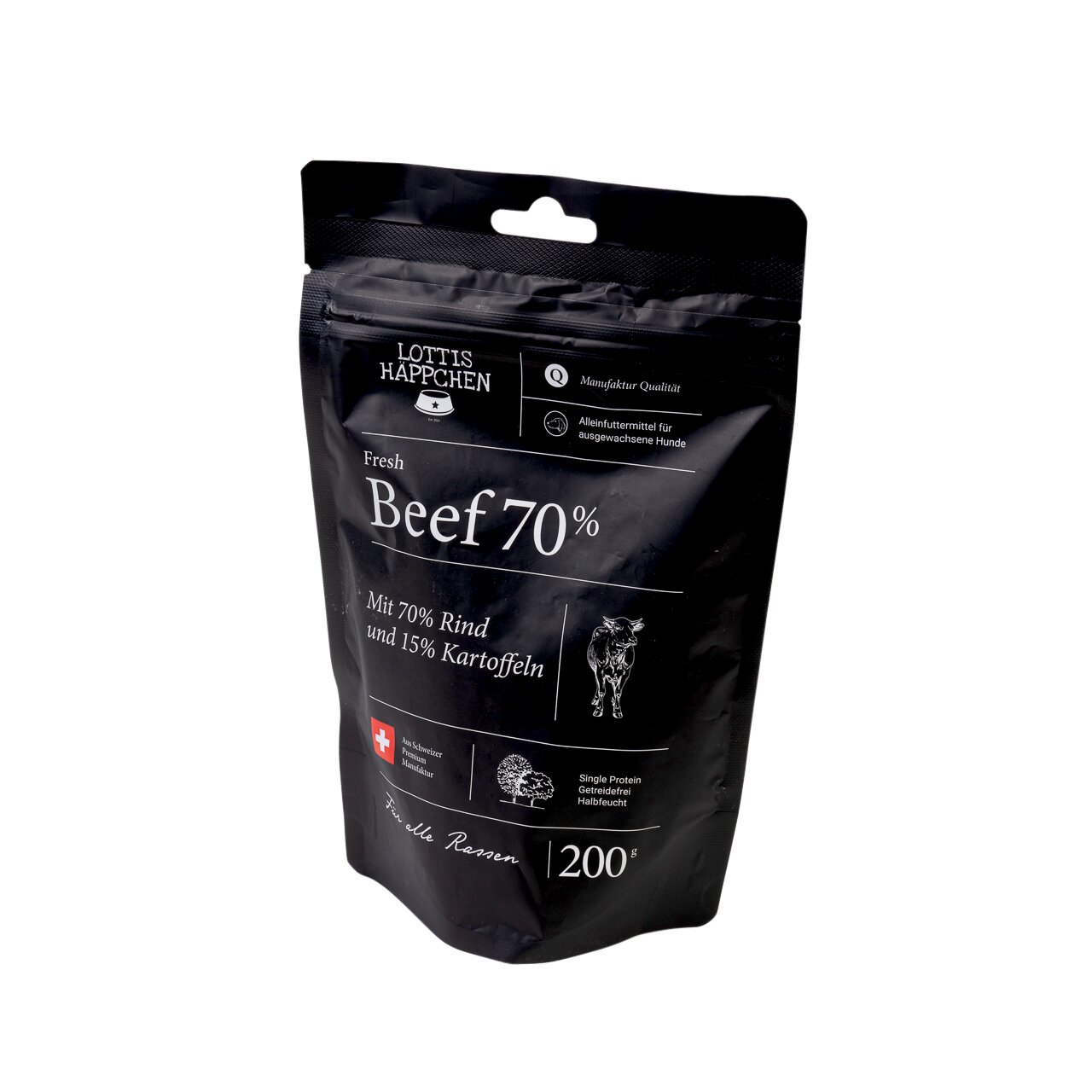 Lottis Häppchen Fresh Beef 70%, Alleinfutter f. erw. Hunde, 70% Rind, 15% Kartoffeln, getreidefrei, halbfeucht, 200 g.