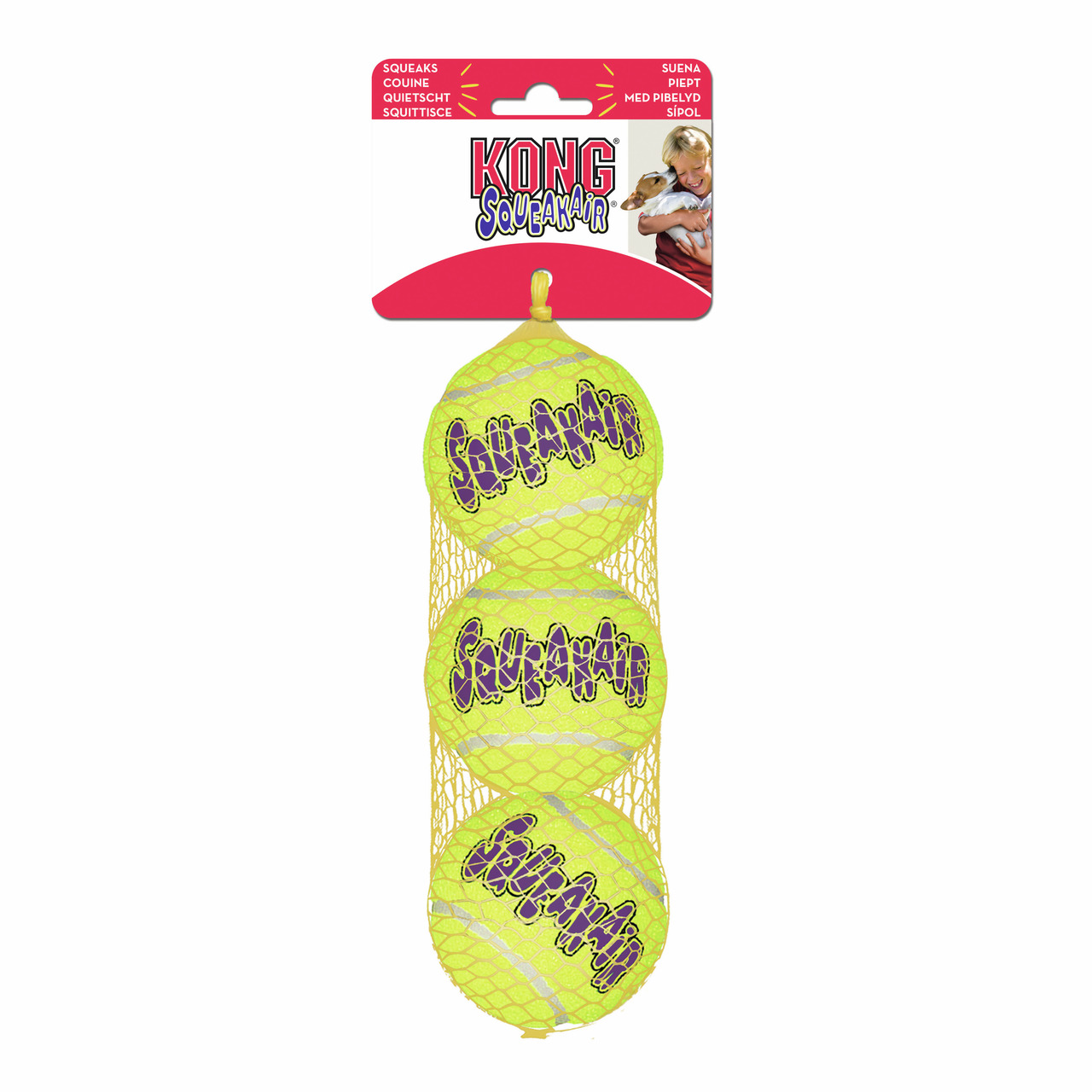 KONG SqueakAir, Set aus 3 gelben Tennisbällen mit Quietscher, für Hunde, interaktives Spielzeug, in Netzverpackung.