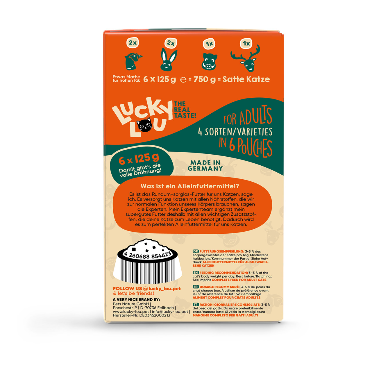 Lucky Lou – The Real Taste! Katzenfutter, erwachsene Katzen, 4 Sorten, 6x125g (750g), Made in Germany.