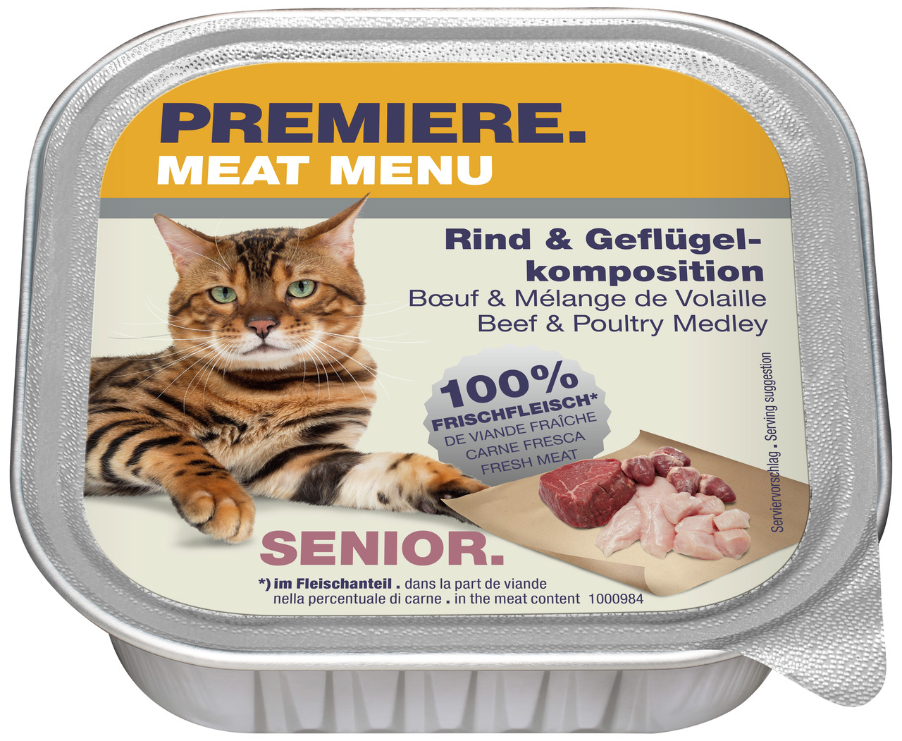 Das Bild zeigt eine Verpackung des Katzenfutters "PREMIERE MEAT MENU" in der Sorte "Rind & Geflügelkomposition". Es ist speziell für ältere Katzen (Senior) geeignet. Die Verpackung hebt hervor, dass das Produkt aus 100 % Frischfleisch besteht. Abgebildet 