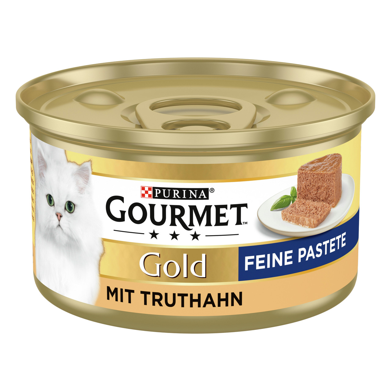 Das Bild zeigt eine goldfarbene Dose des Katzenfutters „GOURMET Gold Feine Pastete mit Truthahn“ von der Marke Purina. Die Zielgruppe sind Katzen. Die Geschmacksrichtung ist Truthahn. Auf der Dose ist eine weiße Katze abgebildet, daneben ein Teller mit Pa