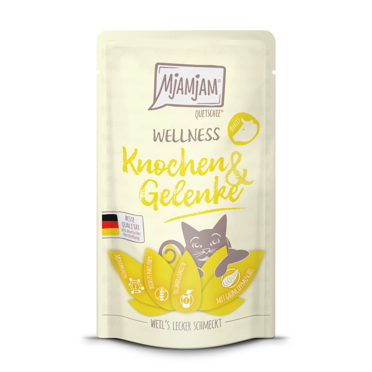 MJAMJAM Wellness Knochen & Gelenke, Katzenfutter, Grünlippmuschel, Gelenkgesundheit, beste Qualität, DE-Herstellung, Quetschbeutel.
