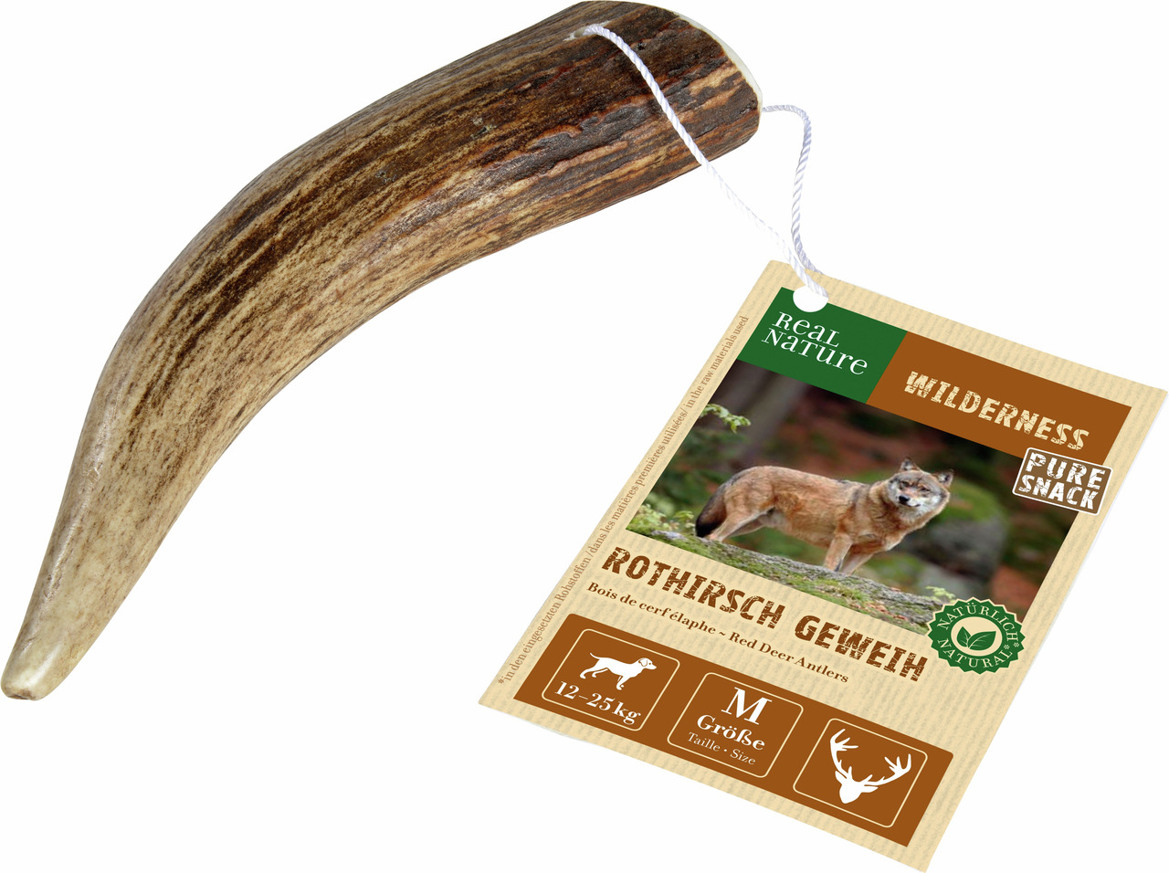 REAL NATURE Wilderness Rothirsch Geweih, Kausnack für Hunde (12-25 kg), echtes Geweih, Zahnpflege, Verpackung mit Wolfsmotiv, "Pure Snack".