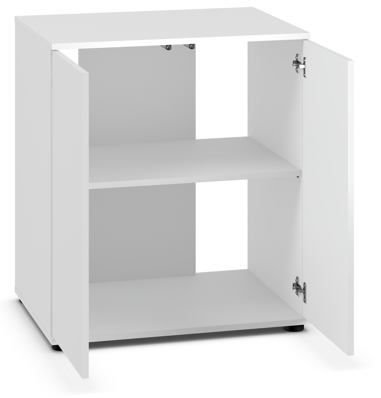 Weißer Unterschrank JUWEL, 2 Türen, 1 Einlegeboden, modernes Design, ideal f. Wohn-/Badezimmer, auf kleinen schwarzen Füßen.