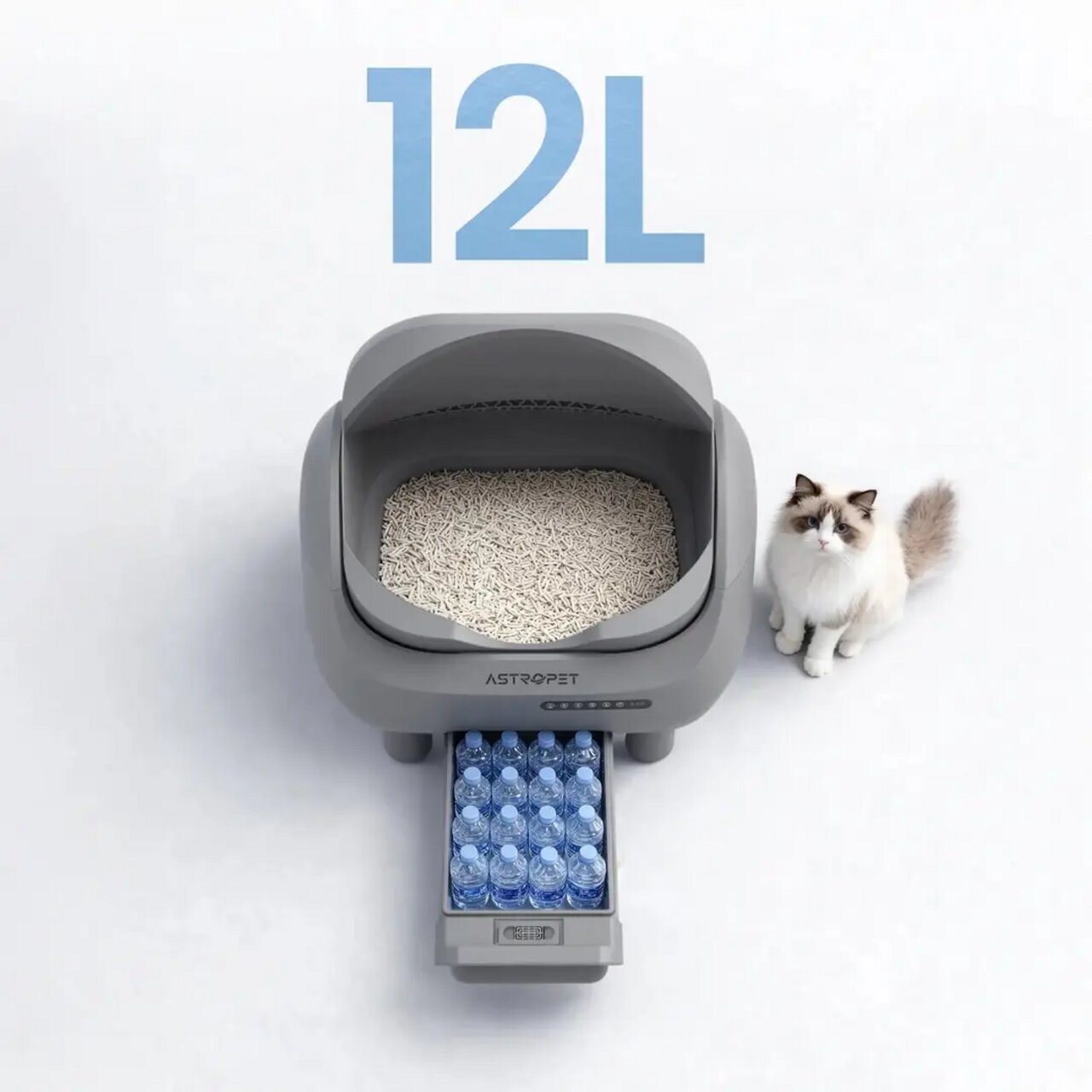 Automatische Katzentoilette von Astropet, 12L Kapazität, mit Schublade für Flaschenlagerung. Für Katzen, grau, modernes Design.